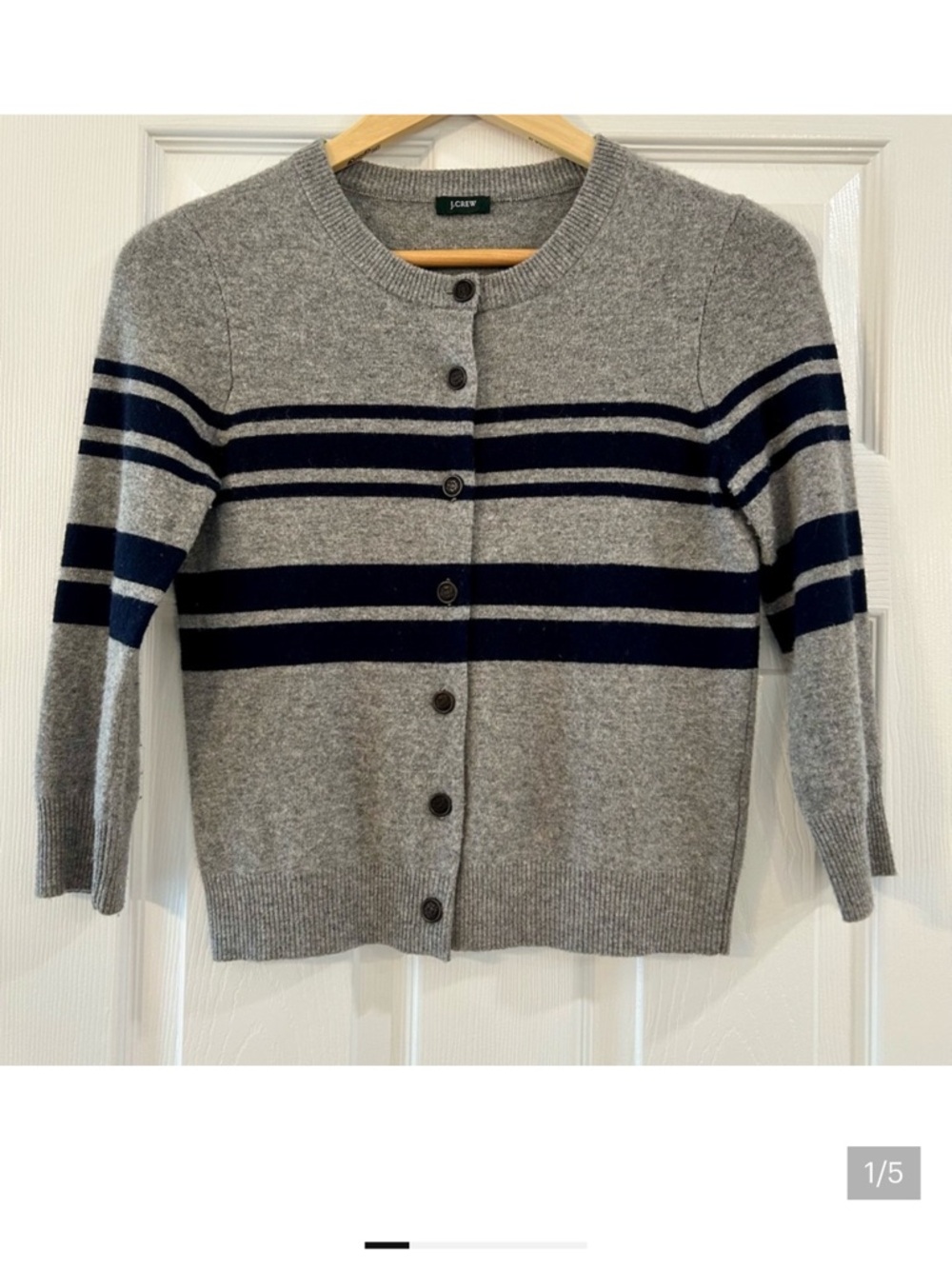 J. Crew Gray and Navy Striped Cashmere Crewneck Cardigan